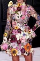 Абрикосовые платья знаменитостей с цветочным принтом в стиле пэчворк на молнии с круглым вырезом и длинными рукавами