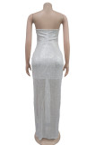 White Sexy Solid Sequins Patchwork Backless Slit Strapless Long Dress (Subject To The Actual Object )