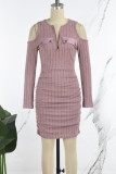 Pink Casual Solid Hollowed Out V Neck Long Sleeve Dresses
