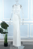 Белое сексуальное вечернее платье в стиле пэчворк с прозрачными спинками и круглым вырезом