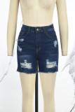 Diepblauwe casual effen skinny denim shorts met gescheurde patchwork en hoge taille