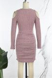 Pink Casual Solid Hollowed Out V Neck Long Sleeve Dresses