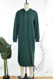Зеленые повседневные однотонные платья с воротником с капюшоном и длинными рукавами