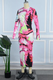 Rosenrotes, sexy bedrucktes Patchwork-Kleid mit O-Ausschnitt und bedrucktem Kleid