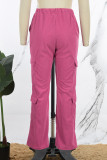 Розовые повседневные однотонные лоскутные карманы, свободные однотонные брюки с высокой талией и широкими штанинами