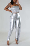 Silver Sexy Casual Solid Patchwork Backless Strapless Sleeveless Tassel Two Pieces Tube Crop Tops And Pants Sets