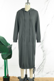 グリーン カジュアル ソリッド 小帯 フード付き カラー 長袖 ドレス