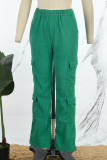 Pantalones casuales de color liso con bolsillo de parches lisos sueltos de cintura alta y pierna ancha verde verde