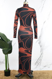 Black Casual Print Slit Turtleneck Long Dress Dresses