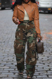 Camouflage Casual camouflageprint Patchwork Rechte denim jeans met hoge taille
