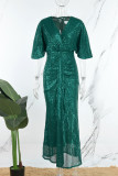 Grüne lässige Patchwork-Pailletten-Abendkleider mit V-Ausschnitt