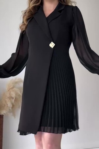 Черные повседневные однотонные лоскутные плиссированные платья с отложным воротником и длинными рукавами