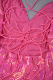 Vestidos de falda envueltos con cuello en V sin espalda y lentejuelas con vendaje floral sexy rosa
