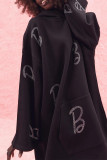 Schwarze, lässig bedruckte, langärmlige Kleider mit Patchwork-Tasche und Kapuzenkragen