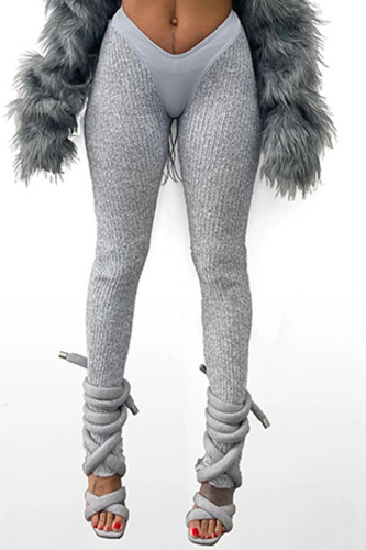 Grey Casual Solid Patchwork Skinny Mid Waist Pencil Solid Color Trousers