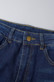 Pantalones cortos de mezclilla ajustados de cintura alta con retazos rasgados sólidos casuales azul oscuro