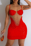 Vestidos vermelhos sexy com lantejoulas e retalhos transparentes sem costas com alça espaguete e saia enrolada