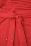 Rode sexy casual effen patchwork off-shoulder jurken met lange mouwen