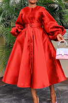 Красные повседневные однотонные лоскутные платья с пряжкой и круглым вырезом с длинными рукавами