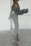 Grey Casual Solid Patchwork Skinny Mid Waist Pencil Solid Color Trousers