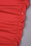 Vermelho sexy casual sólido patchwork fora do ombro vestidos de manga comprida