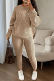 Pink Casual Solid Patchwork Draw String O Neck Long Sleeve Two Pieces Sweater Suit