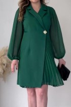 Зеленые повседневные однотонные лоскутные плиссированные платья с отложным воротником и длинными рукавами