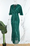 グリーン カジュアル パッチワーク スパンコール V ネック イブニング ドレス ドレス