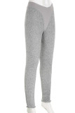Pantalon gris décontracté uni en patchwork, slim, taille moyenne, crayon, couleur unie