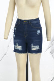 Deep Blue Casual Solid Ripped Patchwork High Waist Skinny Denim Shorts