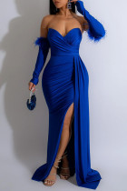 Синие сексуальные формальные однотонные лоскутные длинные платья с разрезом на спине и без бретелек