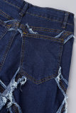 Azul Sexy Sólido Rasgado Patchwork Botões Zíper Cintura Alta Bota Corte Jeans Jeans