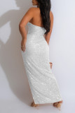 White Sexy Solid Sequins Patchwork Backless Slit Strapless Long Dress (Subject To The Actual Object )