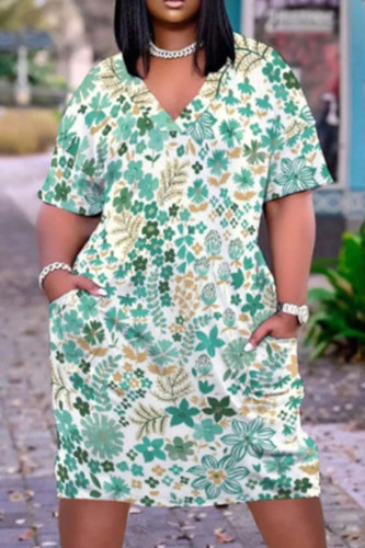 Grön Casual Floral Patchwork Pocket V-hals raka klänningar