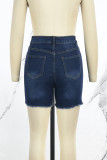 Diepblauwe casual effen skinny denim shorts met gescheurde patchwork en hoge taille