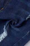 Tiefblaue, lässige, solide, zerrissene, Patchwork-Jeansshorts mit hoher Taille und schmaler Passform