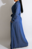 Blaue Straßen-Bandage-Patchwork-Schnalle, hohe Öffnung, Umlegekragen, langes Kleid