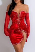 Rode sexy effen patchwork rugloze hete boor off-shoulder jurken met lange mouwen