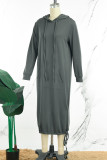Green Casual Solid Frenulum Hooded Collar Long Sleeve Dresses