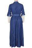 Blauwe straat bandage patchwork gesp hoge opening kraag lange jurk jurken