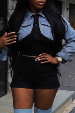 Blue Casual Patchwork Contrast Turndown Collar Long Sleeve Regular Colorblock Cropped Denim Jacket