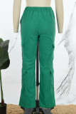 Tasca patchwork tinta unita verde casual Pantaloni larghi a vita alta a gamba larga in tinta unita