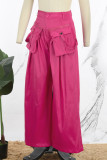 Rosarote Street Solid Patchwork-Taschenknöpfe mit Reißverschluss, lockere, einfarbige Hose mit hoher Taille und weitem Bein