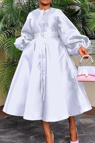 Белые повседневные однотонные лоскутные платья с пряжкой и круглым вырезом с длинными рукавами