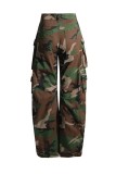 Camouflage Casual Camouflage Print Patchwork High Waist Straight Cargo Denim Jeans