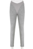 Pantaloni skinny casual a tinta unita a vita media con patchwork solido grigio