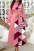 Vestidos de manga larga con cuello en O y botones de patchwork con estampado elegante rosa