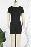 Black Casual Sportswear Solid Backless O Neck Skinny Rompers