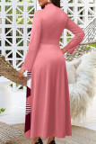 Розовые элегантные платья с длинным рукавом и повязкой на пуговицах с принтом и круглым вырезом