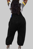 Schwarze, lässige, solide Patchwork-Taschenknöpfe, ärmellose, lockere Denim-Overalls mit hoher Taille